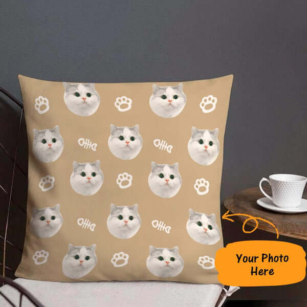 Custom Cat Face Photo Multi-Faceted Square Pillow with Bones Print
