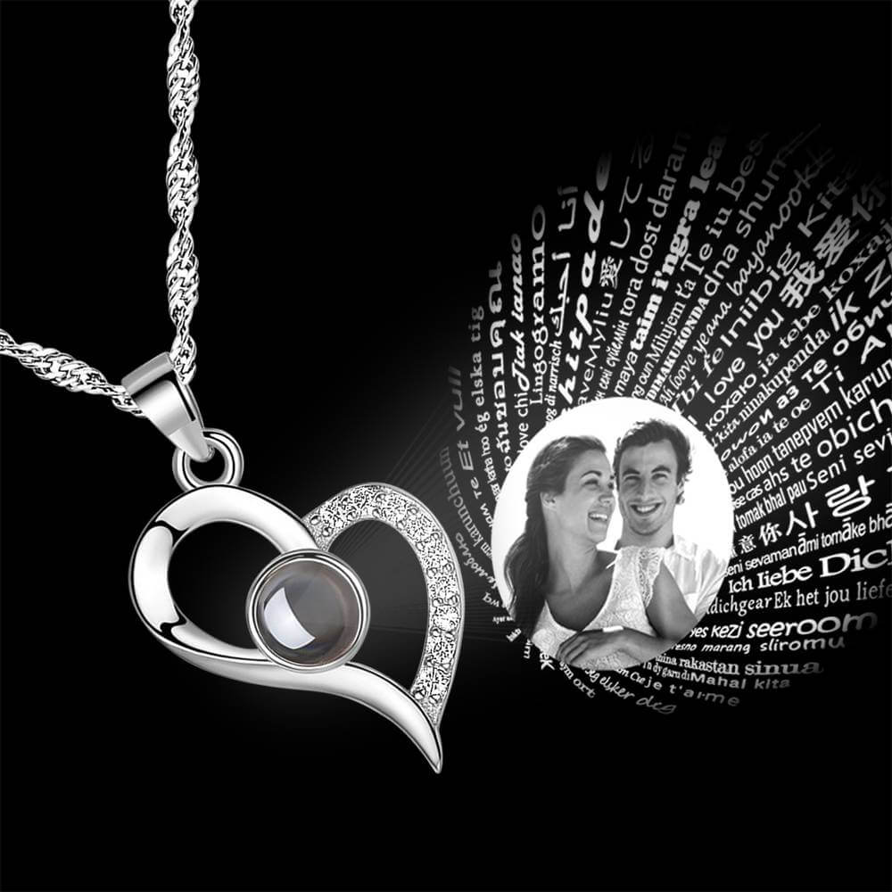 Personalized 100 Languages I Love You Photo Heart Projection Necklace