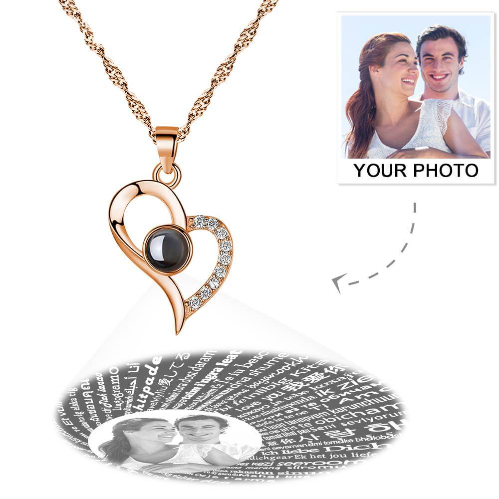 Personalized 100 Languages I Love You Photo Heart Projection Necklace