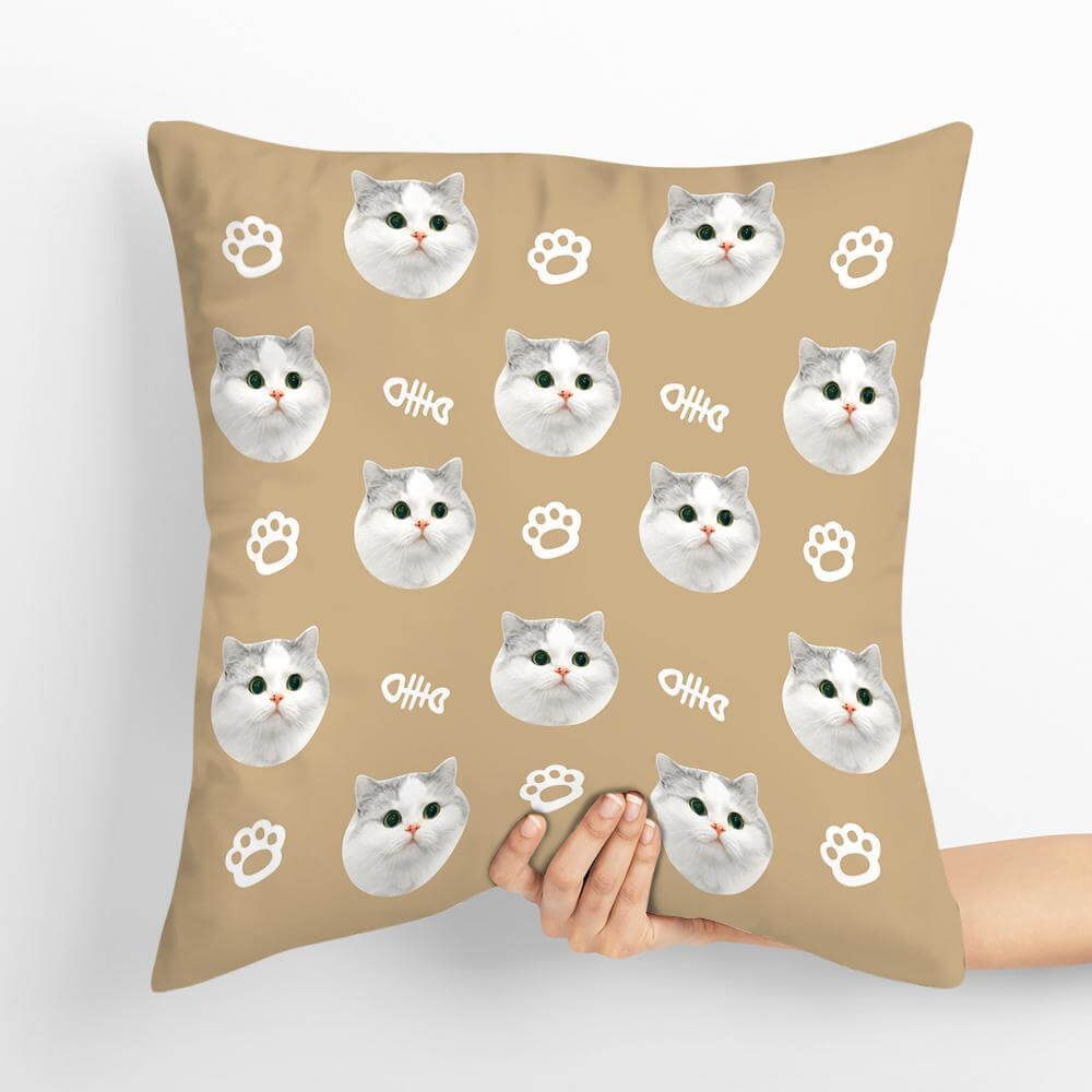 Custom Cat Face Photo Multi-Faceted Square Pillow with Bones Print
