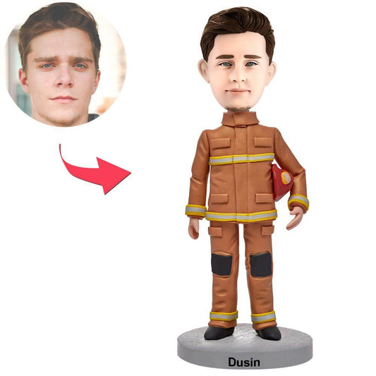 Custom Male Firefighter In Uniform Bobblehead with Engraved Text
