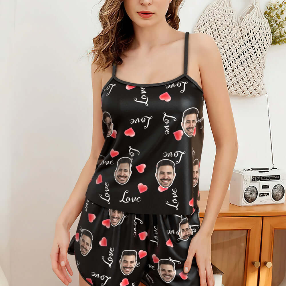 Women's Custom Photo Face Hearts Pajamas Shorts Lingerie Set