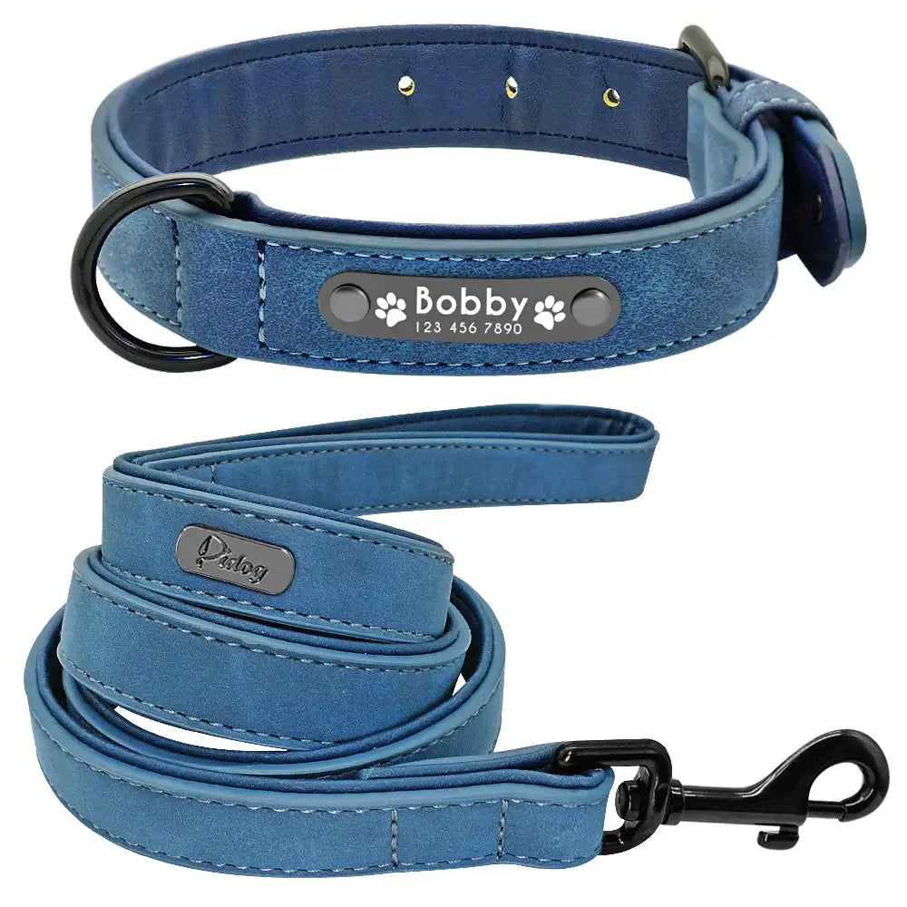 Personalized Engraved Leather Dog Collar Leash Set