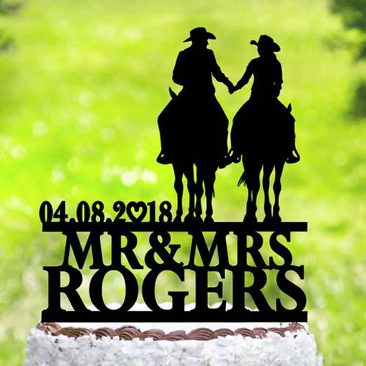 Personalized Bride & Groom Cowboy Cowgirl with horse Western Cake Topper