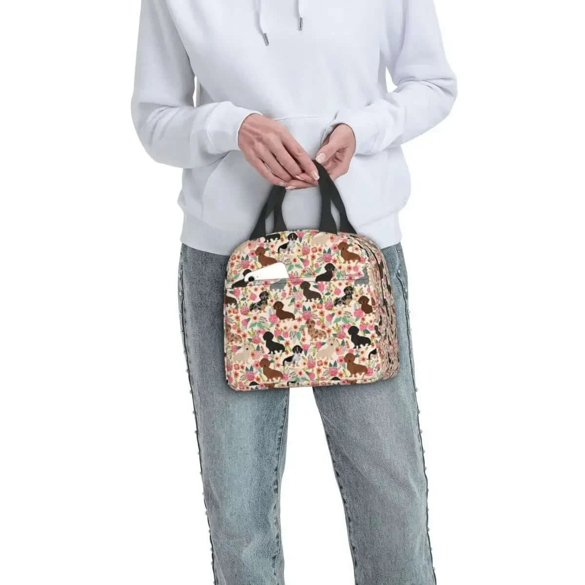 Dachshund Floral Dog Pattern Insulated Lunch Bag 