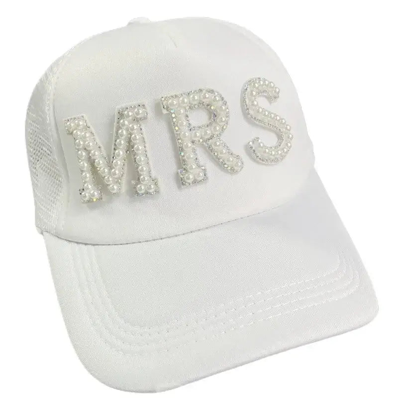 White BRIDE/MRS Faux Pearl Letters Baseball Cap