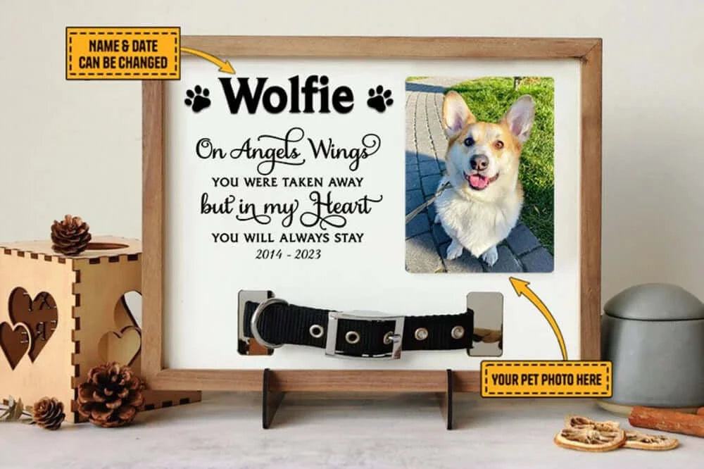 Custom Memorial Loss of Pet Photo with Collar in Wood Frame