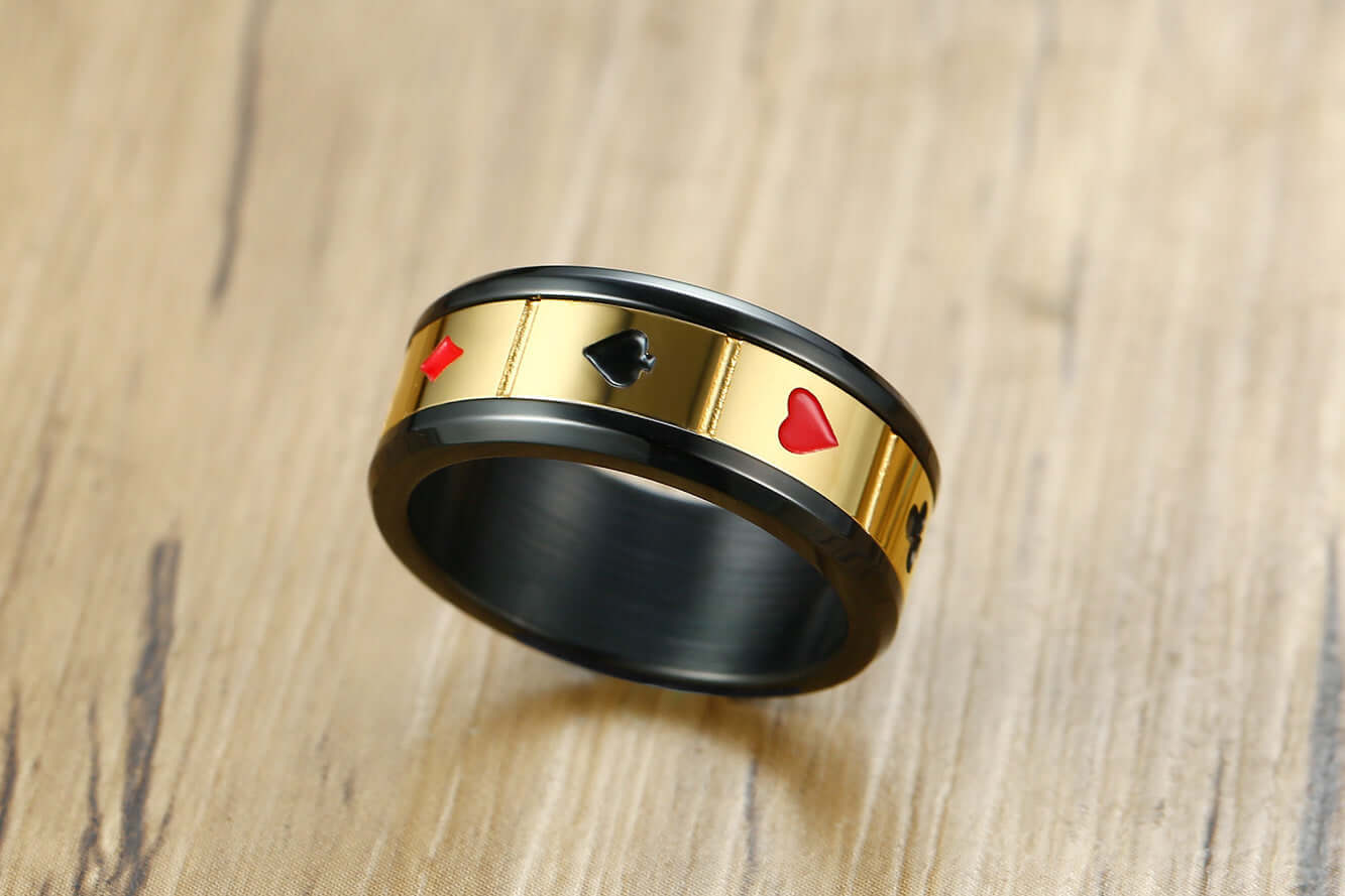 Men's Stainless-Steel Gold and Black Playing Card Poker Ring