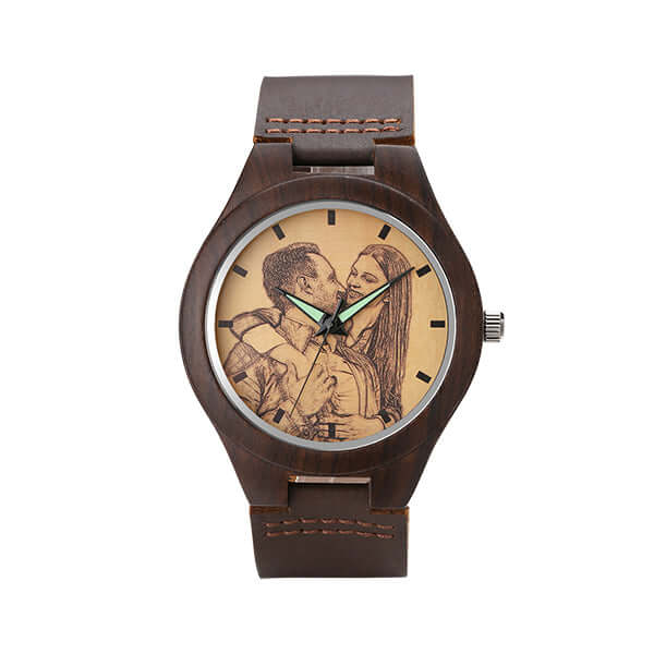 Men's Engraved Classic Wooden Leather Band Photo Watch