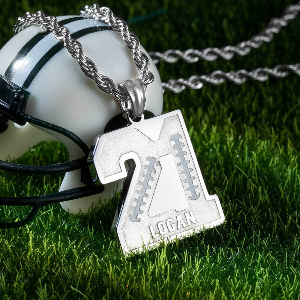 Stainless-steel football number and name necklace 