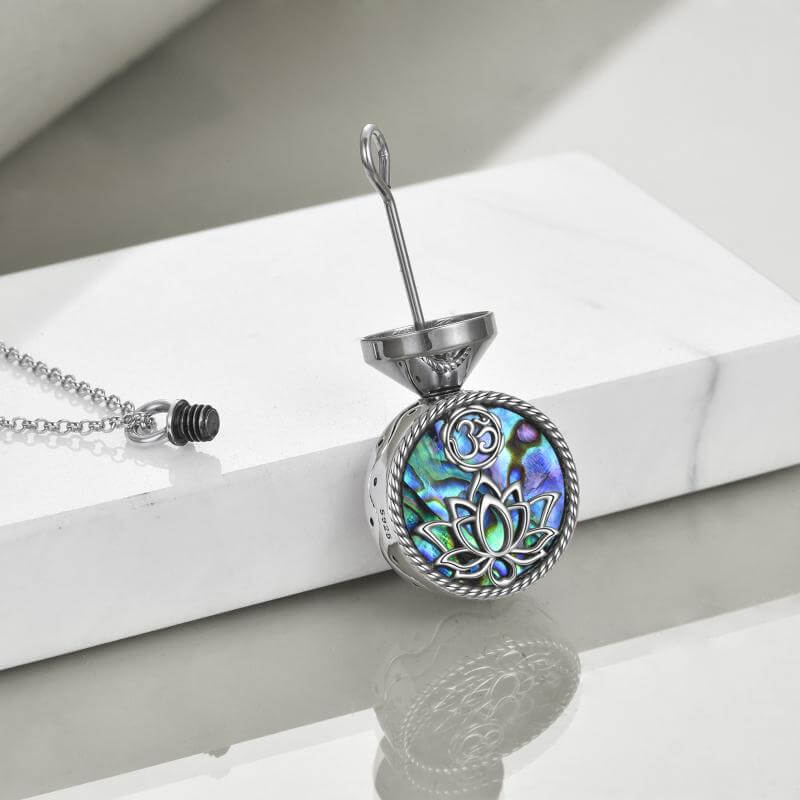925 Sterling Silver Lotus Urn with Abalone Shell Memorial Cremation Necklace 