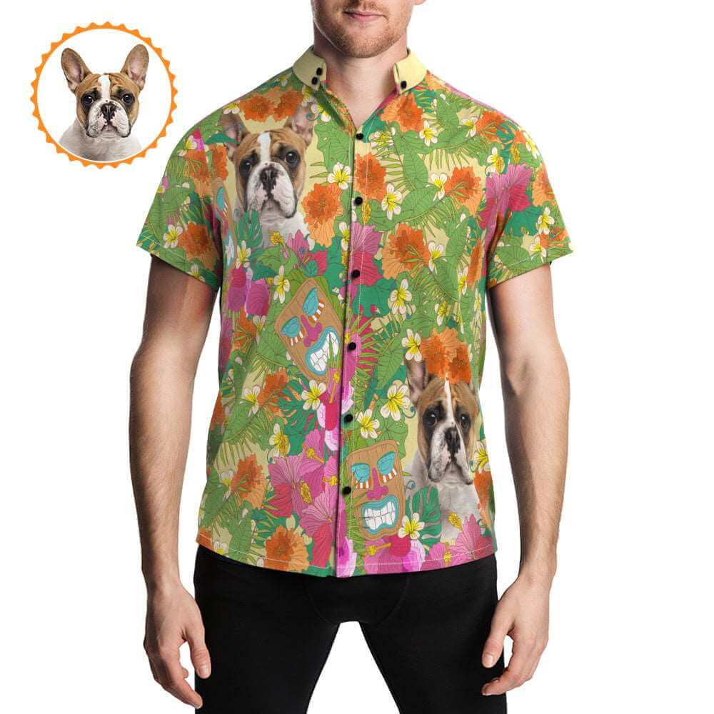 Custom Pet Face Photo Hawaiian Shirt Floral Print Button Up Beach Shirt