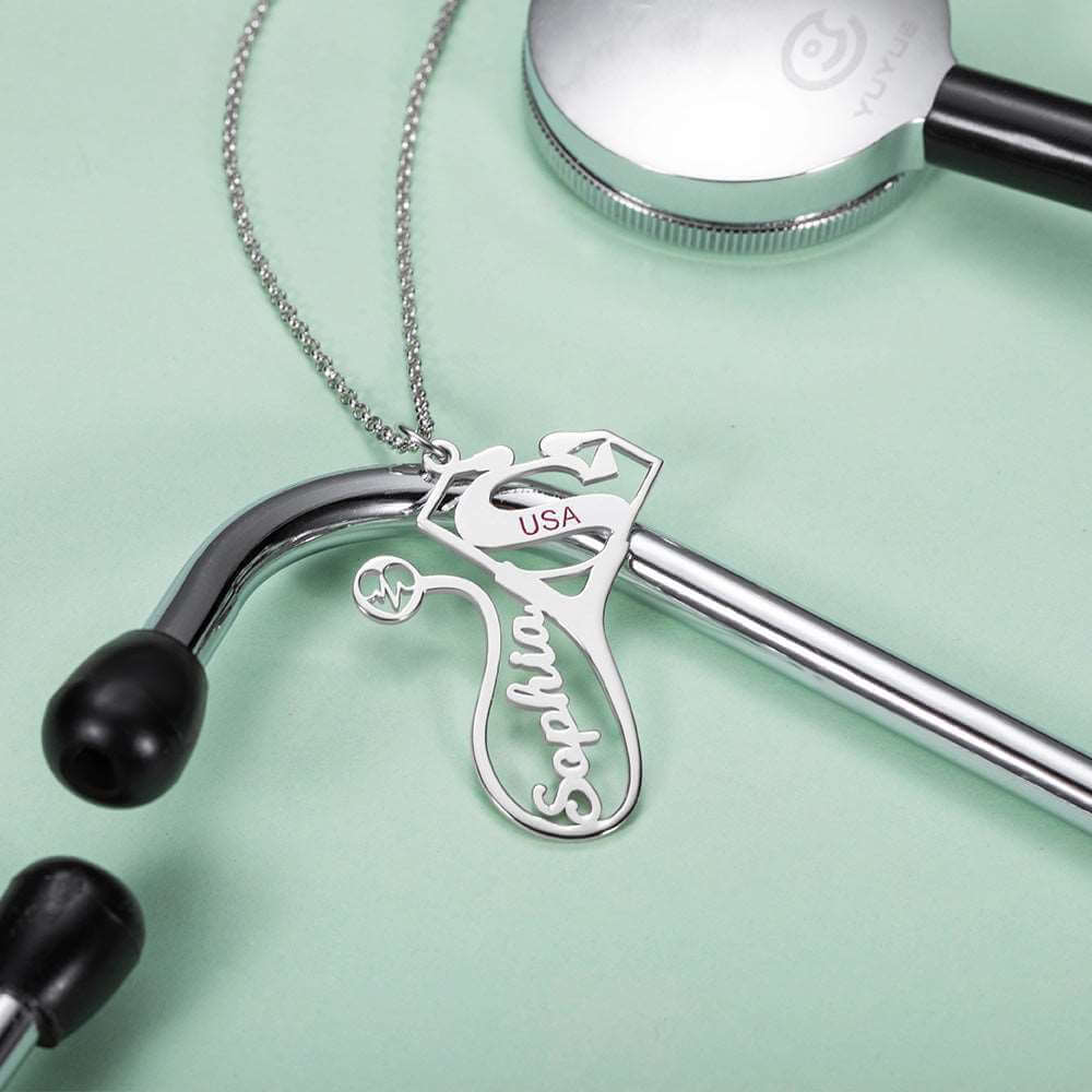 Custom Stethoscope Name Necklace for Medical Workers Sterling Silver