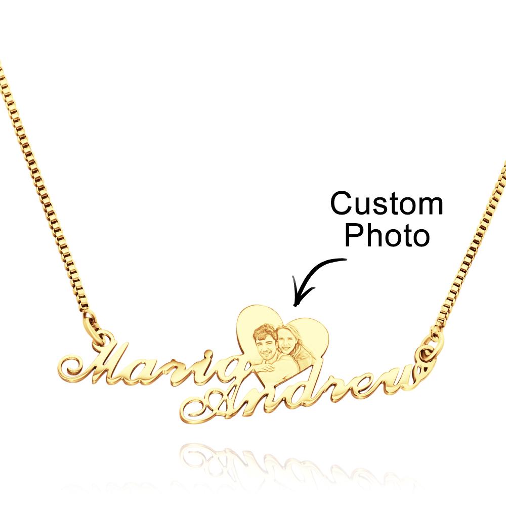 Custom Engraved Heart Photo Necklace Double Plated Name Necklace for Women