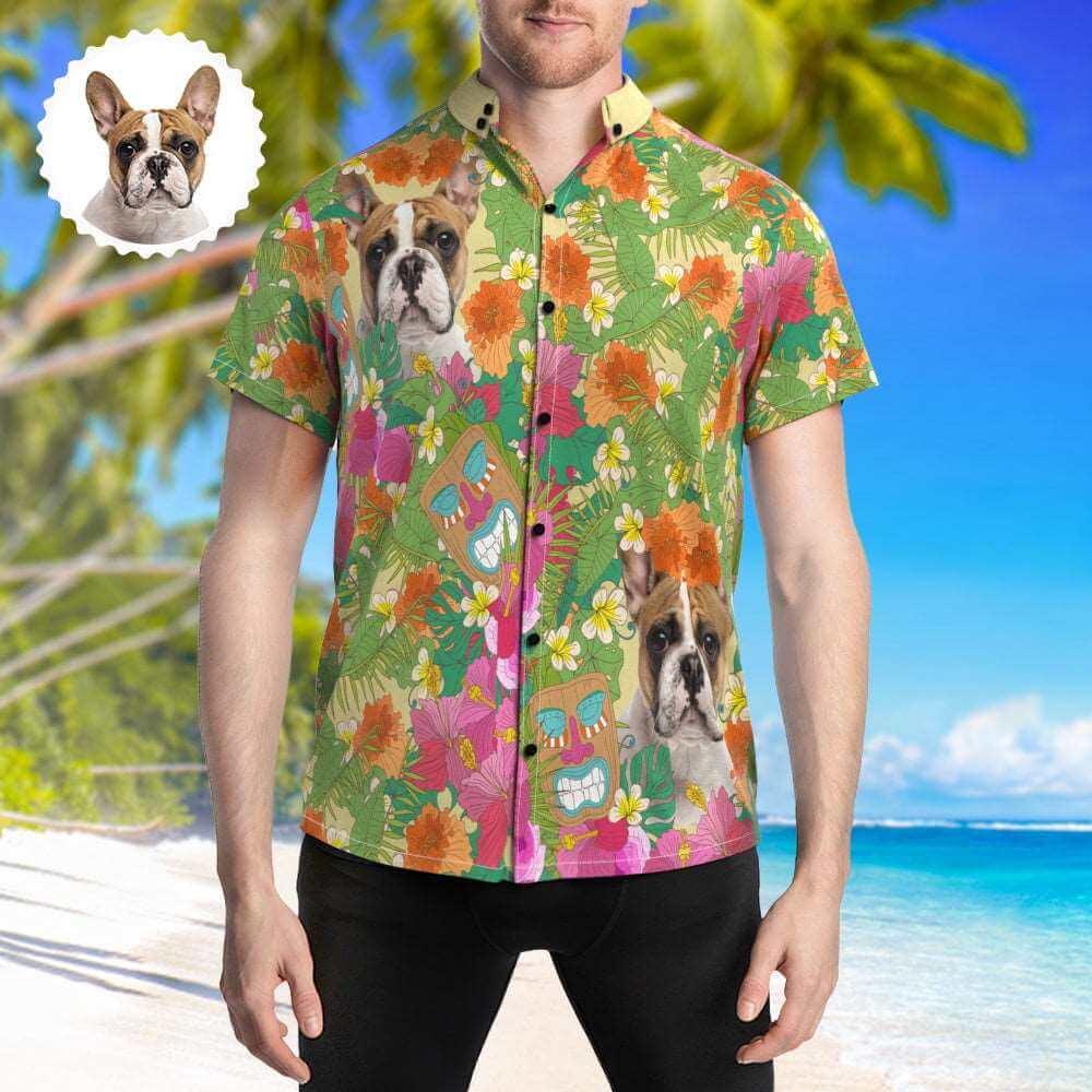 Custom Pet Face Photo Hawaiian Shirt Floral Print Button Up Beach Shirt
