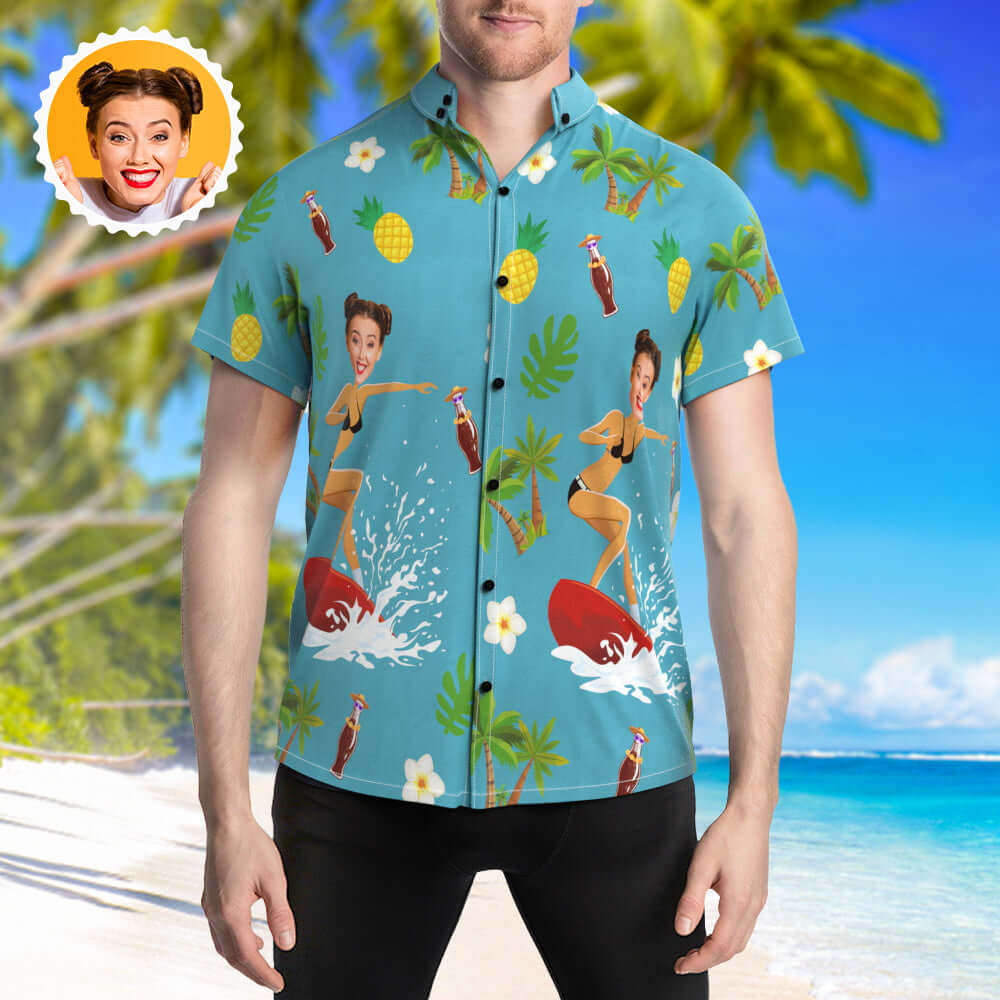 Men's Custom Face Cut Out Photo Surfing Beach Hawaiian Shirt