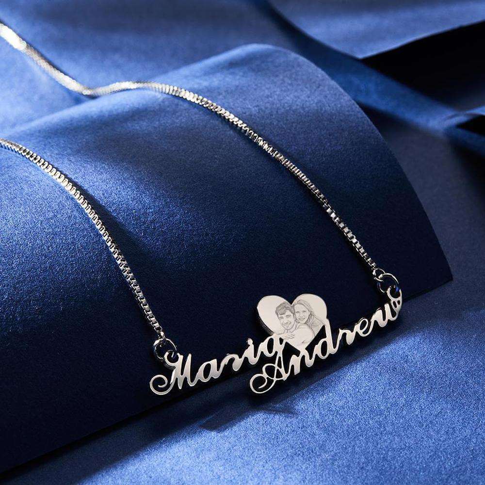 Custom Engraved Heart Photo Necklace Double Plated Name Necklace for Women