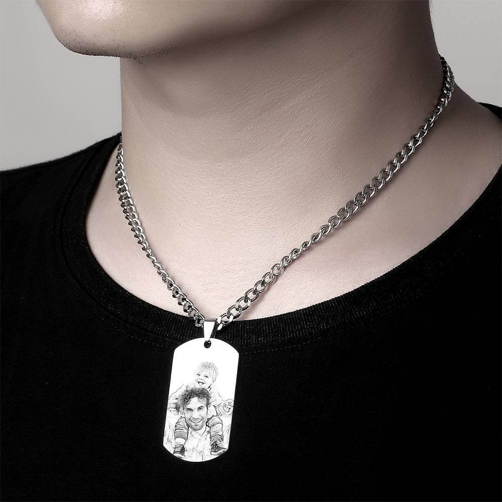 Men's Stainless Steel Custom Etched Photo Picture Dog Tag Necklace