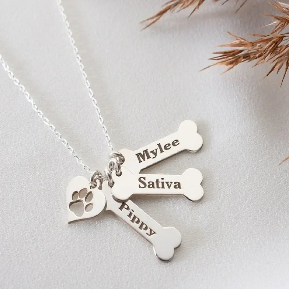 Personalized Stainless Steel Dog Name Bone and Paws Necklace