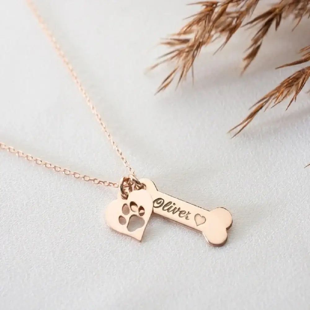 Personalized Stainless Steel Dog Name Bone and Paws Necklace