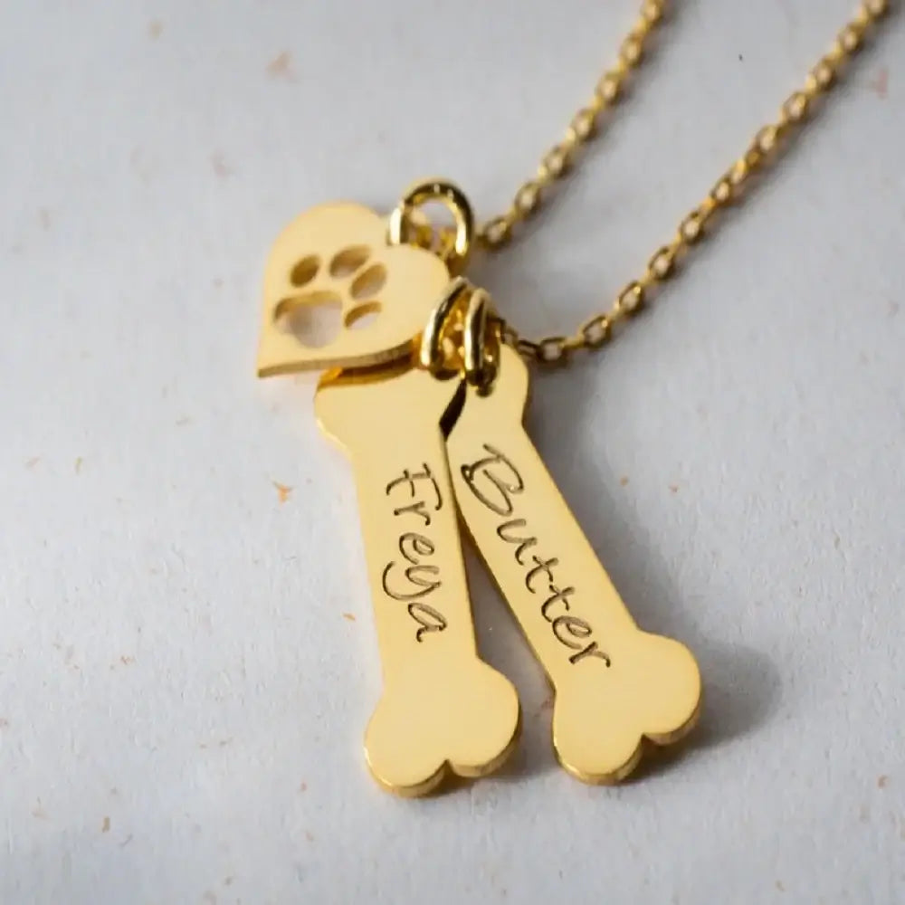 Personalized Stainless Steel Dog Name Bone and Paws Necklace