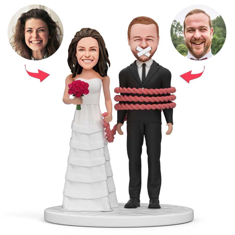 Custom Bride and Groom Shutting Up Bobblehead with Engraved Text