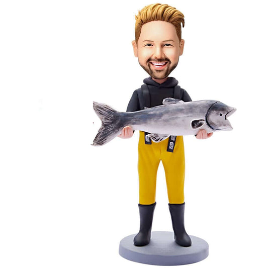 Custom Man Bobblehead Holding Fish with Engraved Text