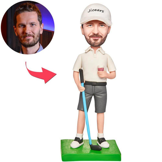 Custom Male Golfer with White Baseball Cap Bobblehead Engraved with Text