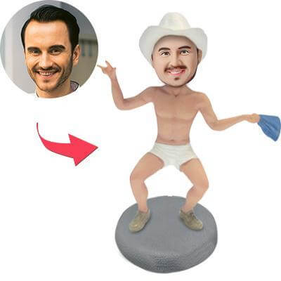 Custom Funny Man in Underwear and Cowboy Hat Bobblehead with Engraved Text