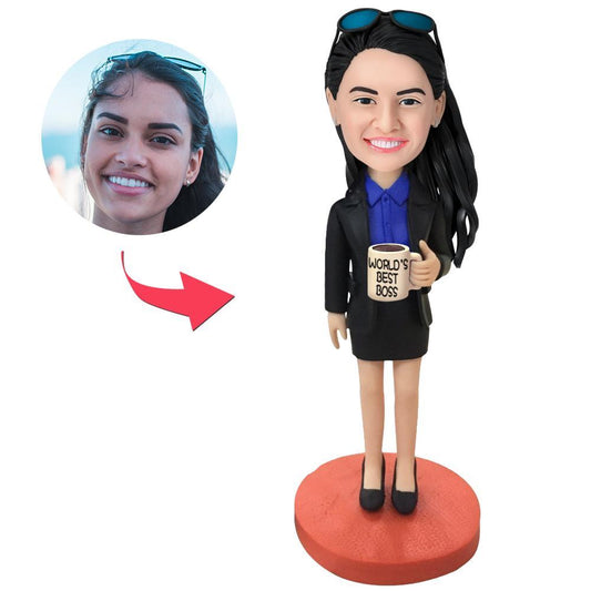Personalized Custom World's Best Boss Female Bobblehead with Engraved Text