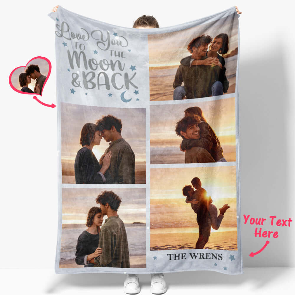 LOVE U TO THE MOON BACK Personalized Five Photos and Text Blanket