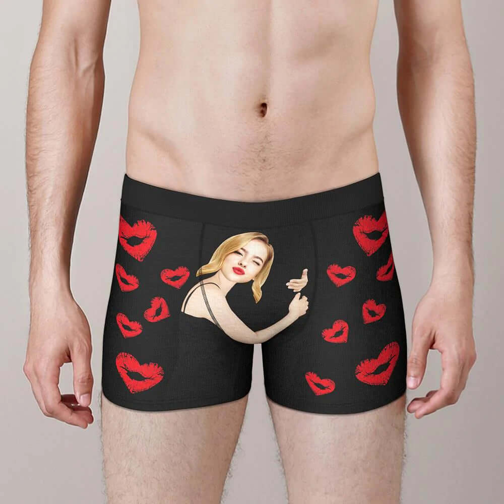 Men's Personalized Custom Your Face Photo Lips and Hearts Boxers