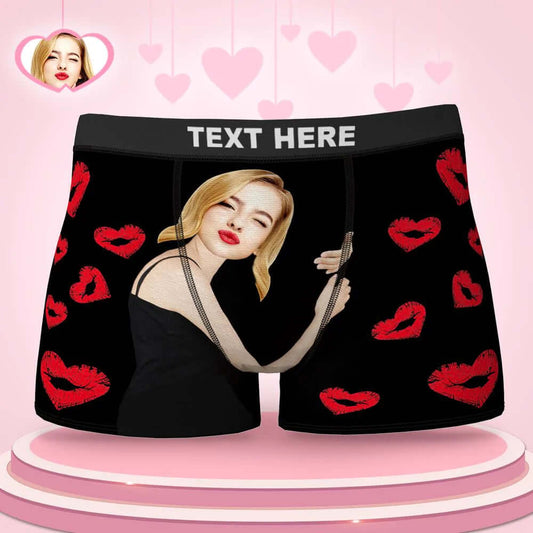 Men's Personalized Custom Your Face Photo Lips and Hearts Boxers