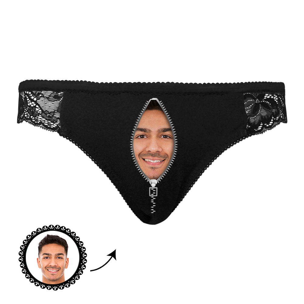 Women's Custom Photo Face Zipper Black Lace Panties Sexy Underwear