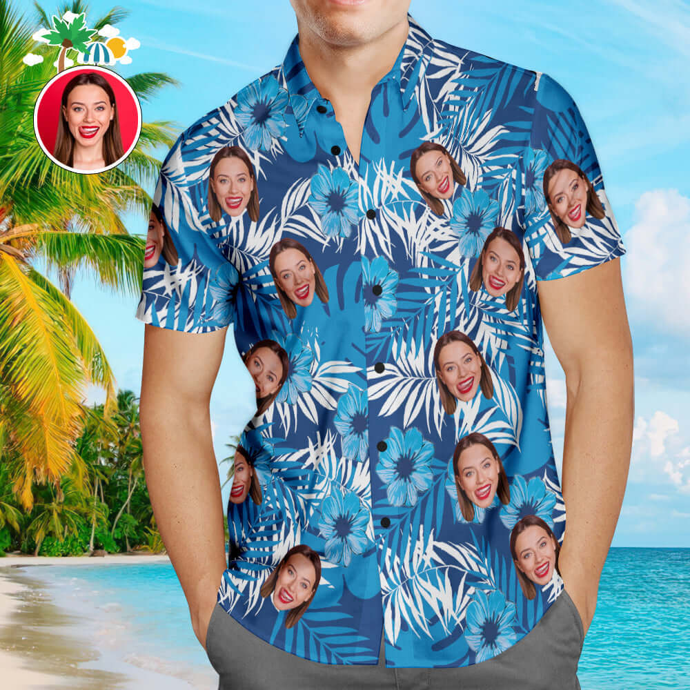 Personalized Custom Blue Flower Photo Hawaiian Beach Shirt