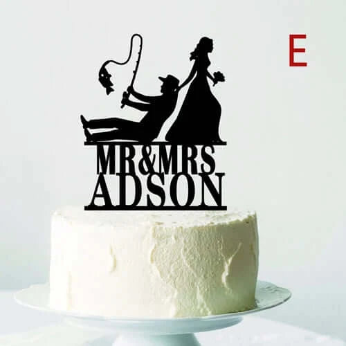 Personalized Fishing Wedding Cake Topper Mr. and Mrs. Wooden Acrylic