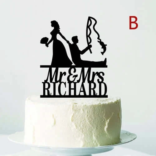 Personalized Fishing Wedding Cake Topper Mr. and Mrs. Wooden Acrylic