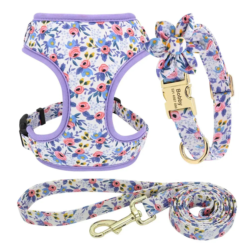 Personalized Floral Dog Collar Leash Harness Set