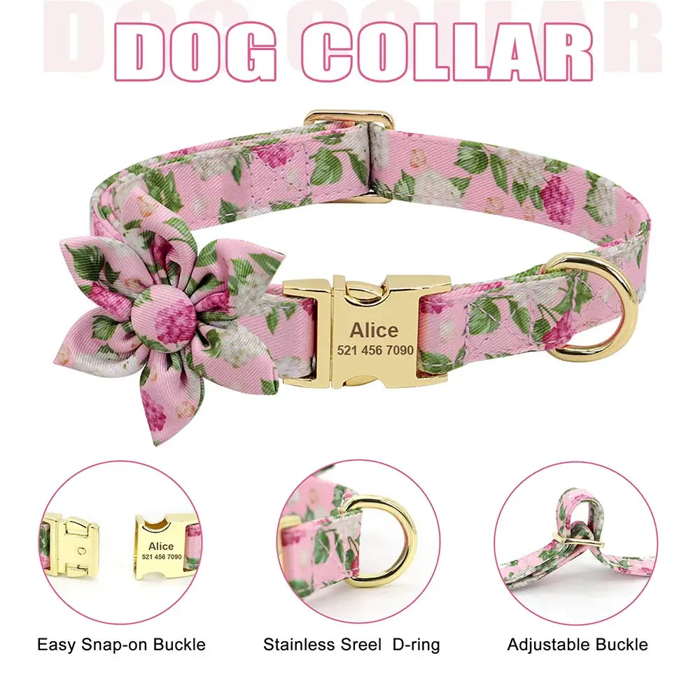 Personalized Floral Dog Collar Leash Harness Set