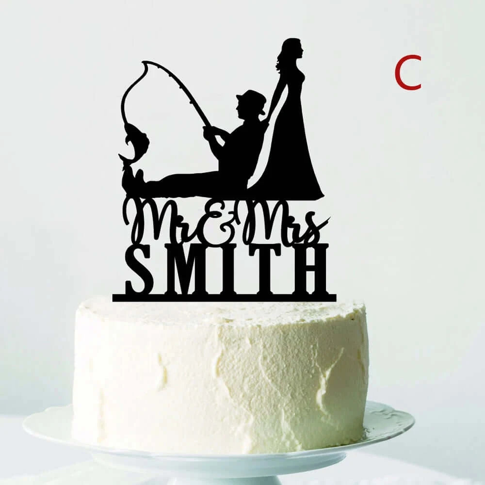 Personalized Fishing Wedding Cake Topper Mr. and Mrs. Wooden Acrylic