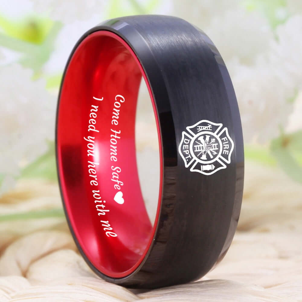 Men's Firefighter Fireman Design Black Tungsten Carbide Ring
