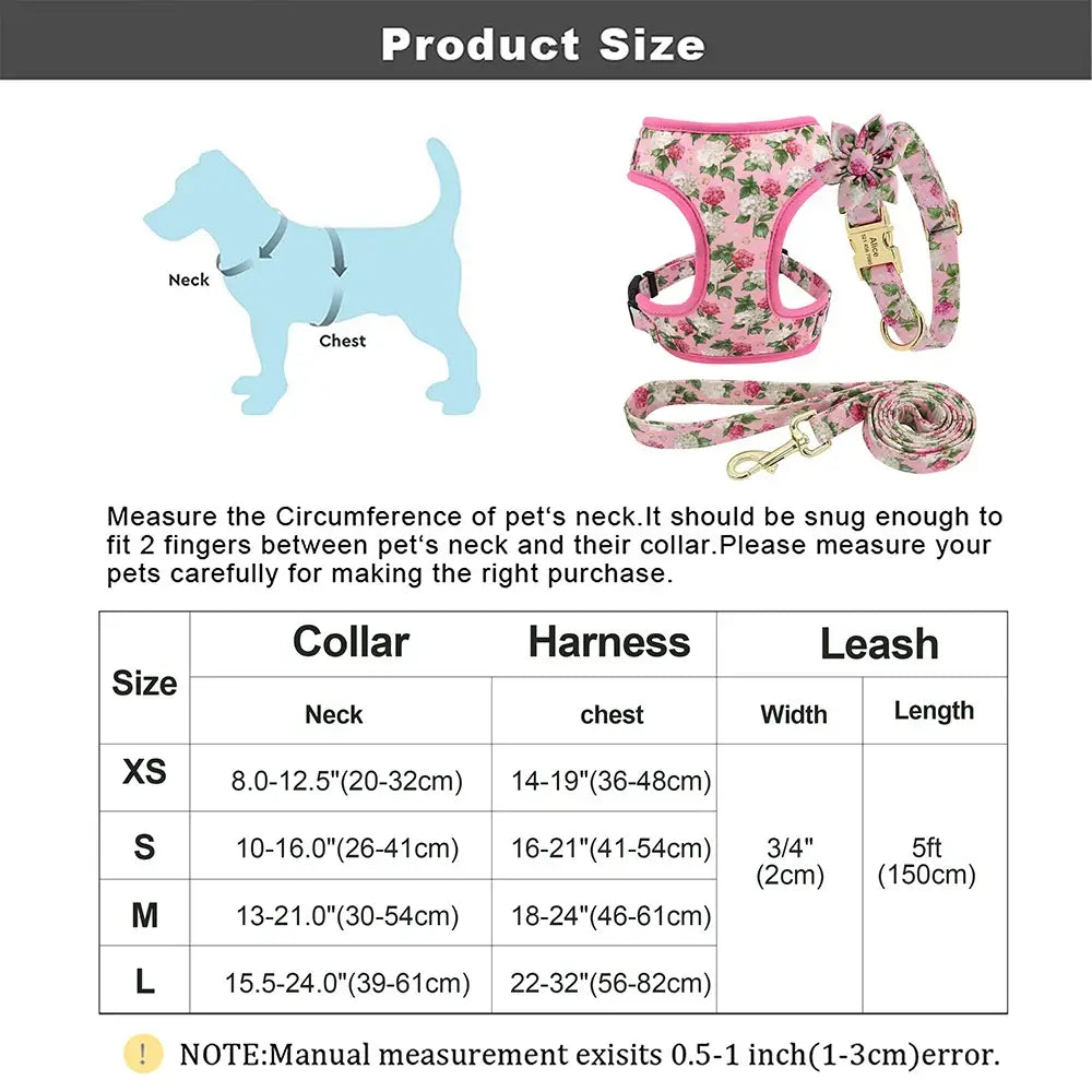 Personalized Floral Dog Collar Leash Harness Set