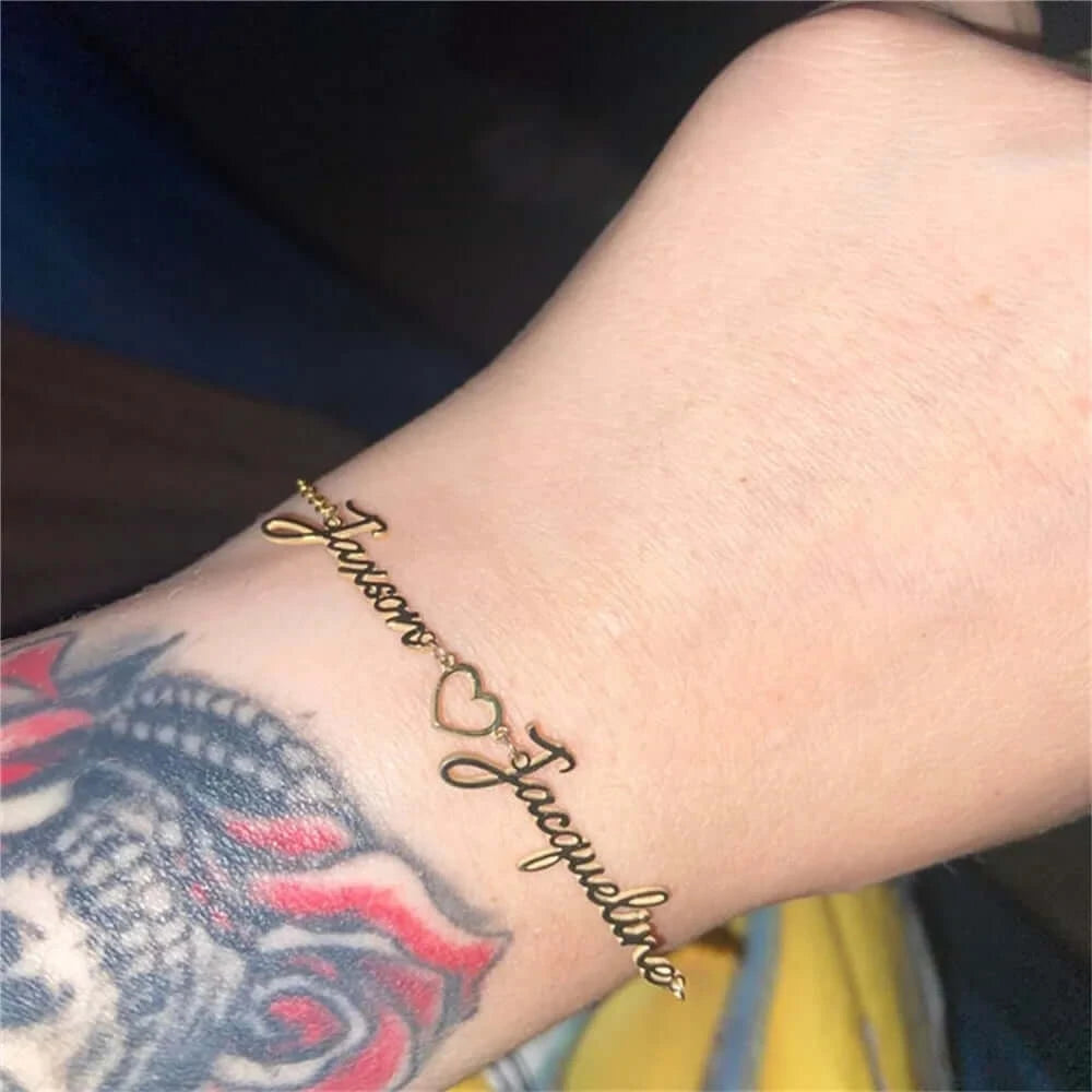 Women's Stainless Steel Personalized Custom Two Names Heart Bracelet