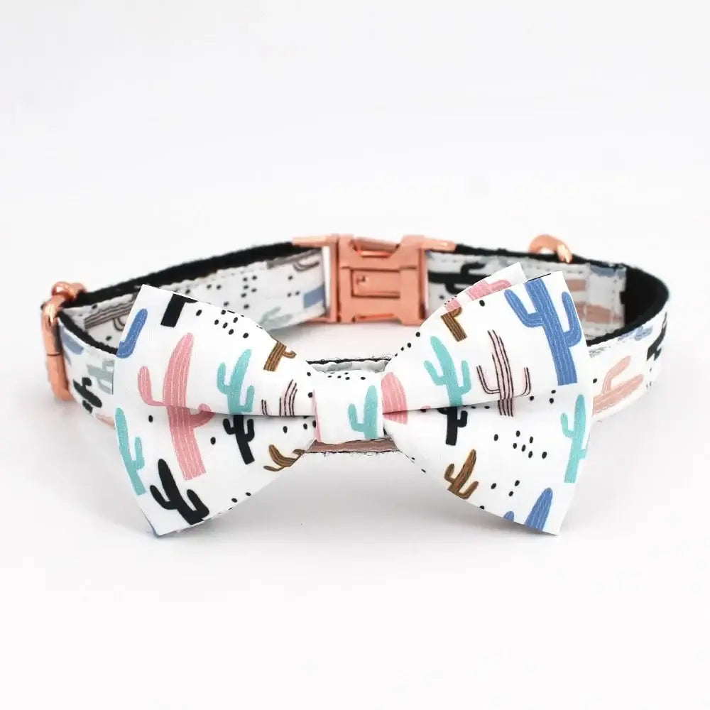 Cactus Personalized Laser Engraved Dog Collar Bow Tie with Matching Leash