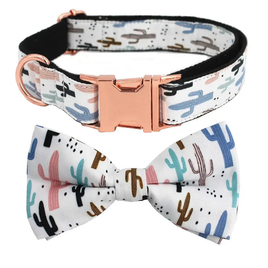 Cactus Personalized Laser Engraved Dog Collar Bow Tie with Matching Leash
