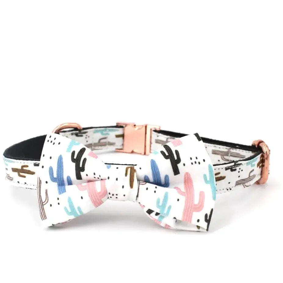 Cactus Personalized Laser Engraved Dog Collar Bow Tie with Matching Leash