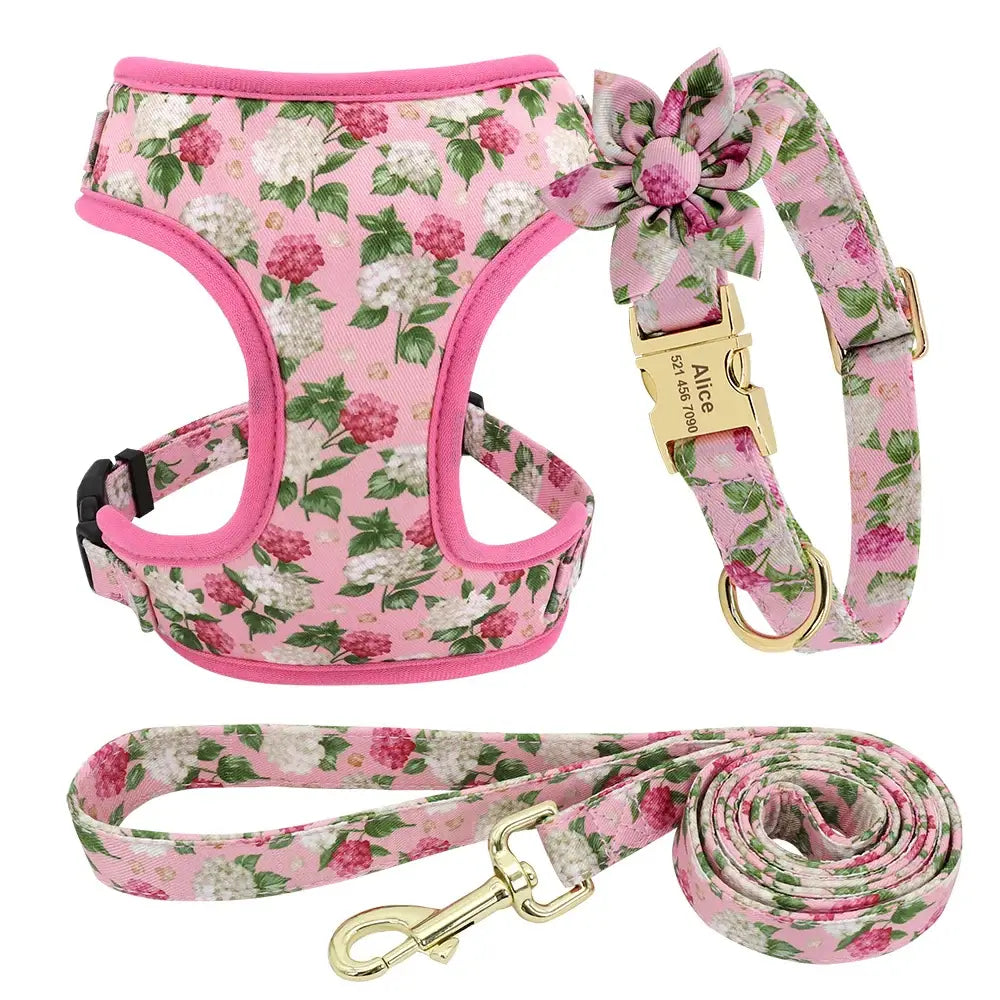 Personalized Floral Dog Collar Leash Harness Set