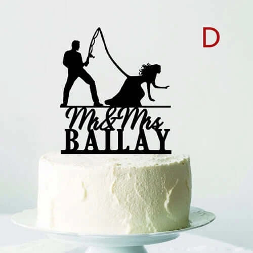 Personalized Fishing Wedding Cake Topper Mr. and Mrs. Wooden Acrylic