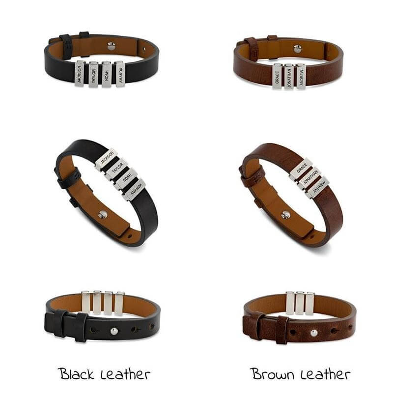Men's Leather Custom Names Bracelet with Stainless Steel Beads