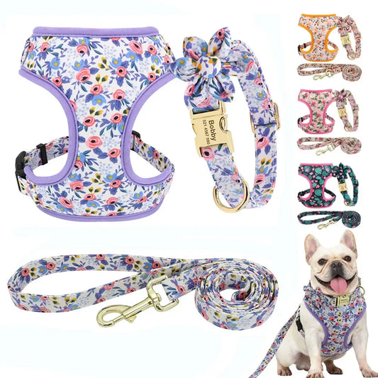 Personalized Floral Dog Collar Leash Harness Set